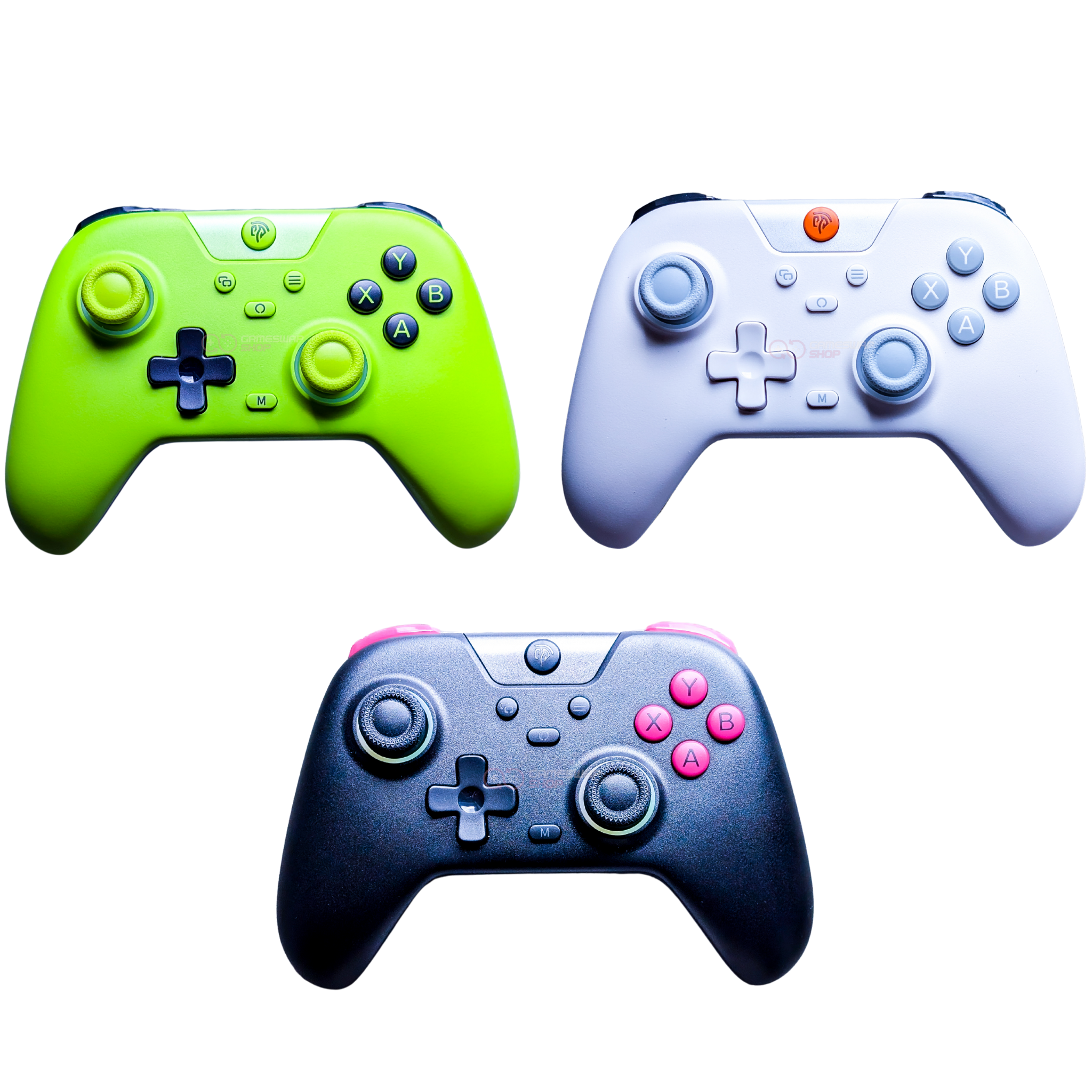 Three colorful gaming controllers, green, white, black.