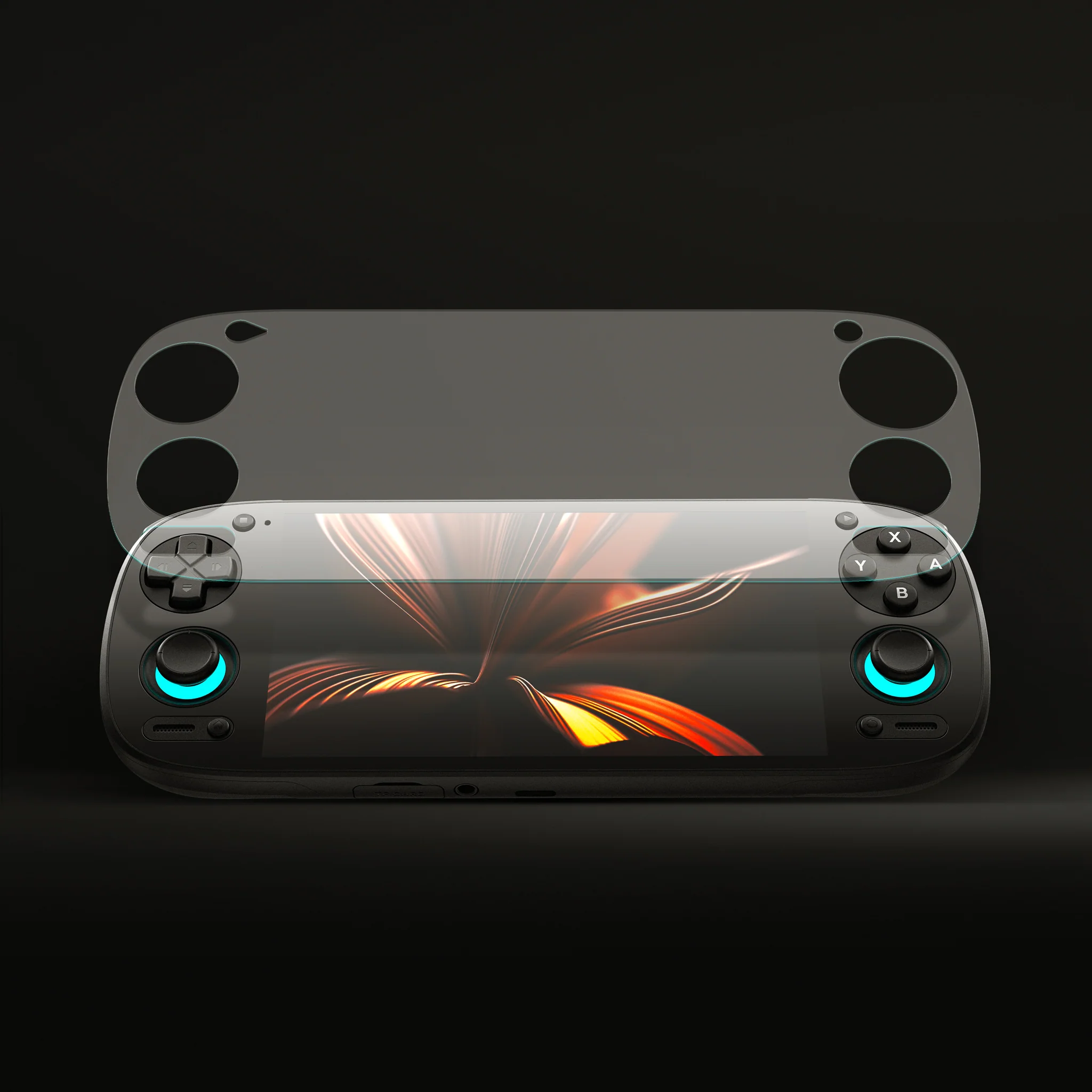 Handheld gaming console with abstract screen display.