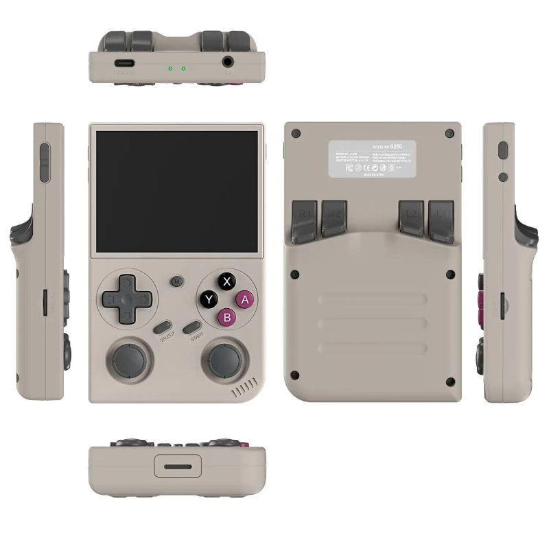Retro handheld gaming console, beige, multiple angles shown.