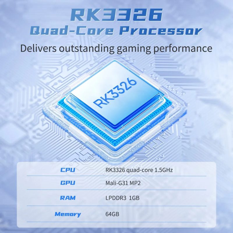 RK3326 processor with quad-core, great for gaming.