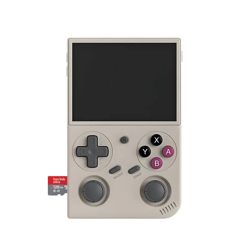 Retro handheld gaming console with memory card.