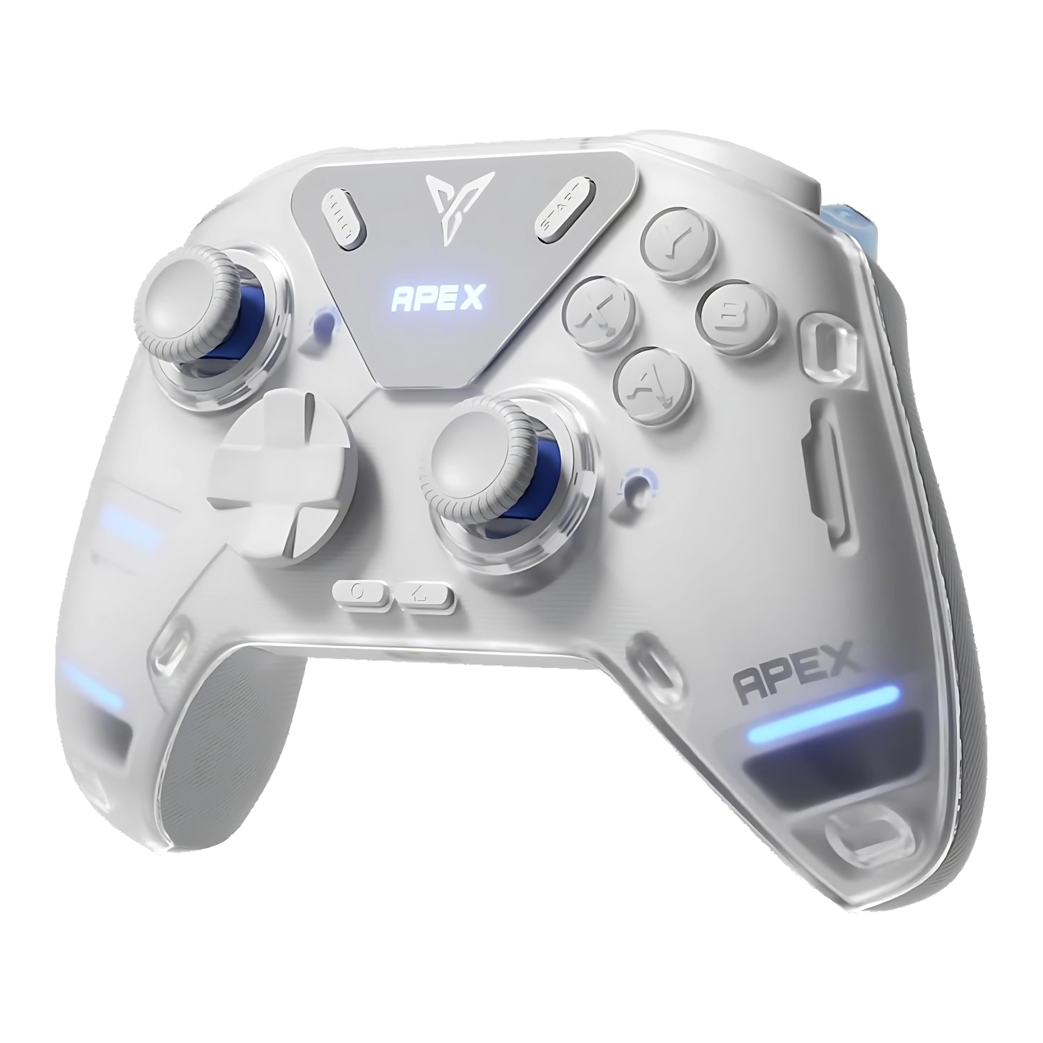 White gaming controller with blue accents