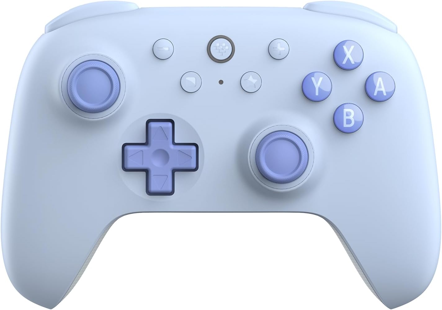 White and blue gaming controller with buttons and joysticks.