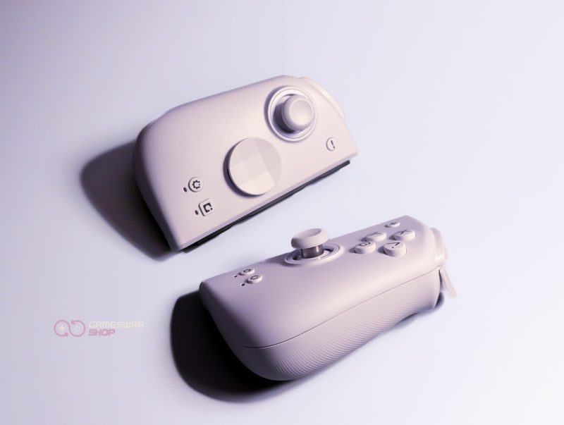 Two white gaming controllers on a white background.