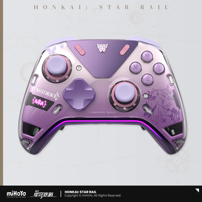 Purple gaming controller with Honkai Star Rail design.