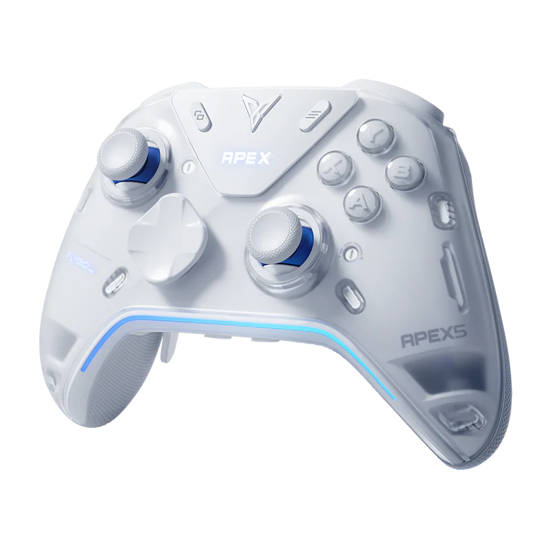 White gaming controller with blue accents.