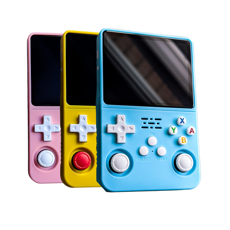 Colorful handheld gaming consoles on display