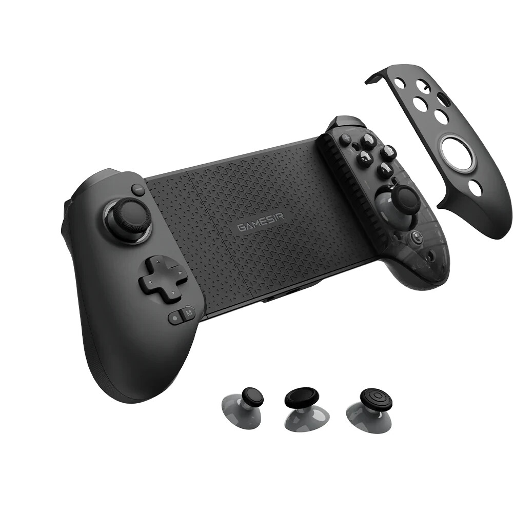 Black gaming controller with detachable parts and joysticks.