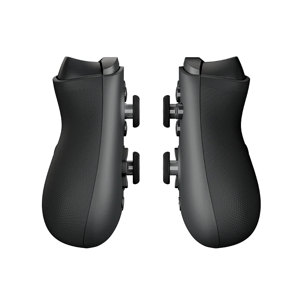 Two black video game controller grips close-up