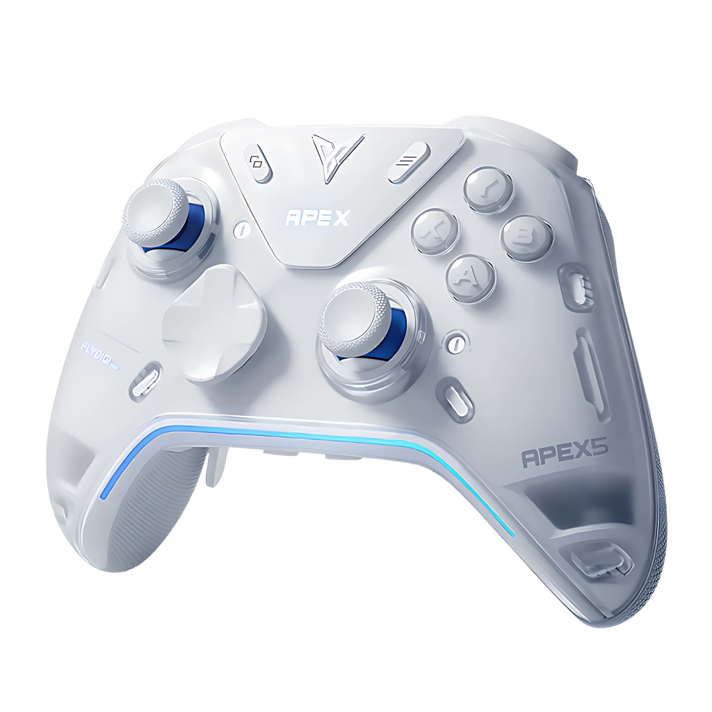 Controller da gioco bianco APEX5 con accenti blu.