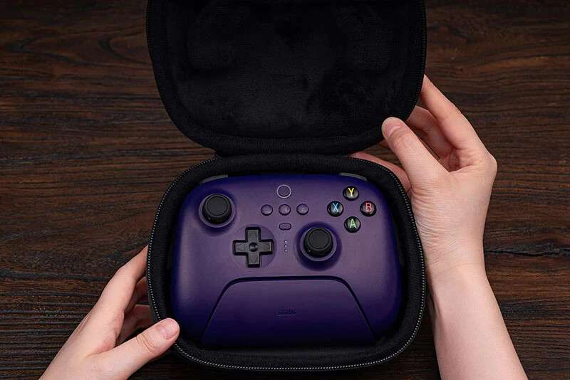 Purple game controller in a black carrying case.