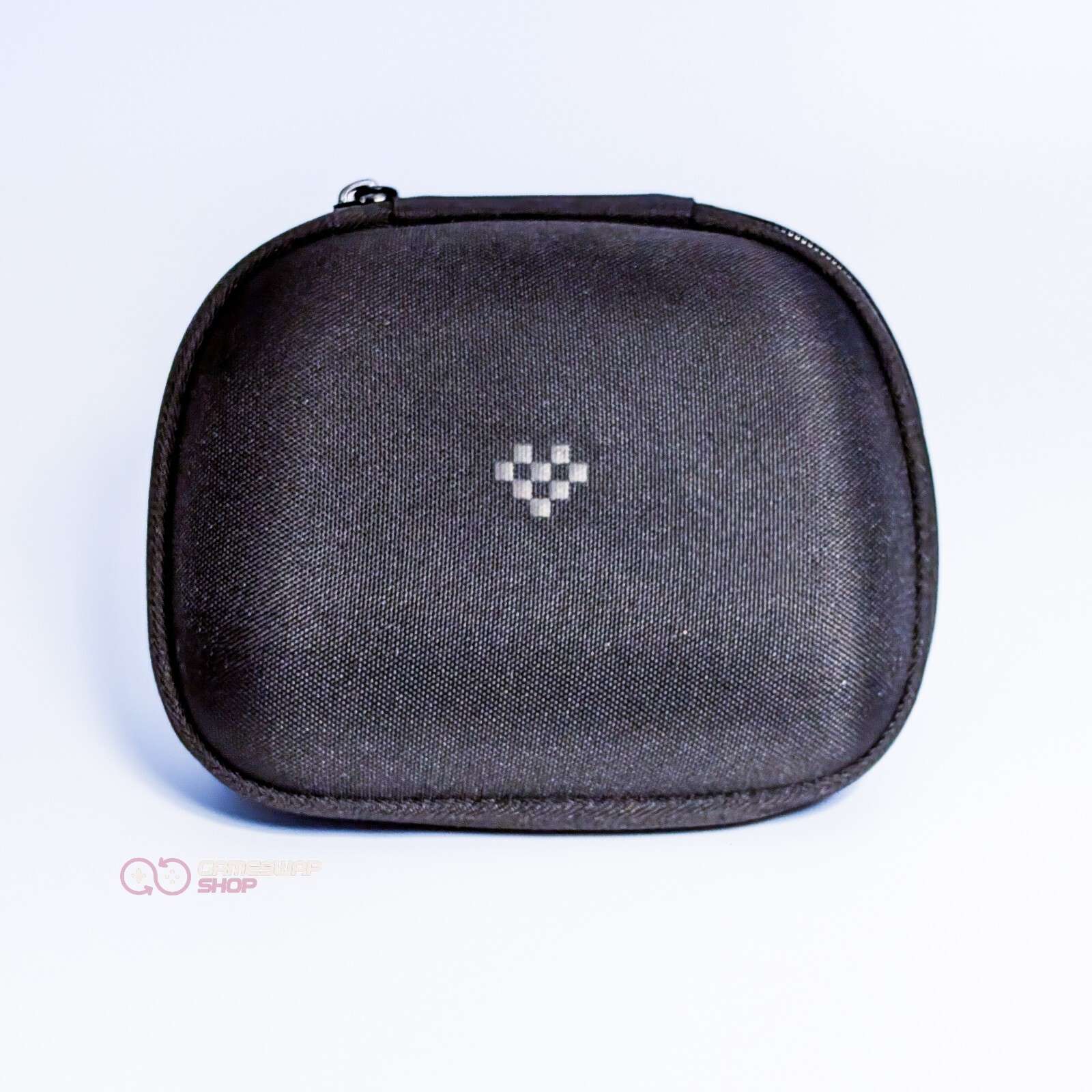 Black zippered travel case with logo.