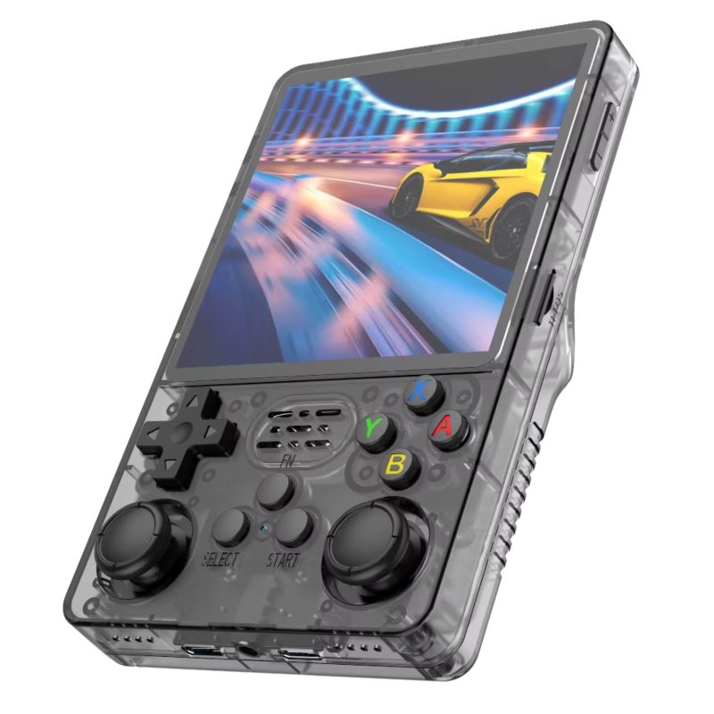 Retro handheld gaming console with racing game display.