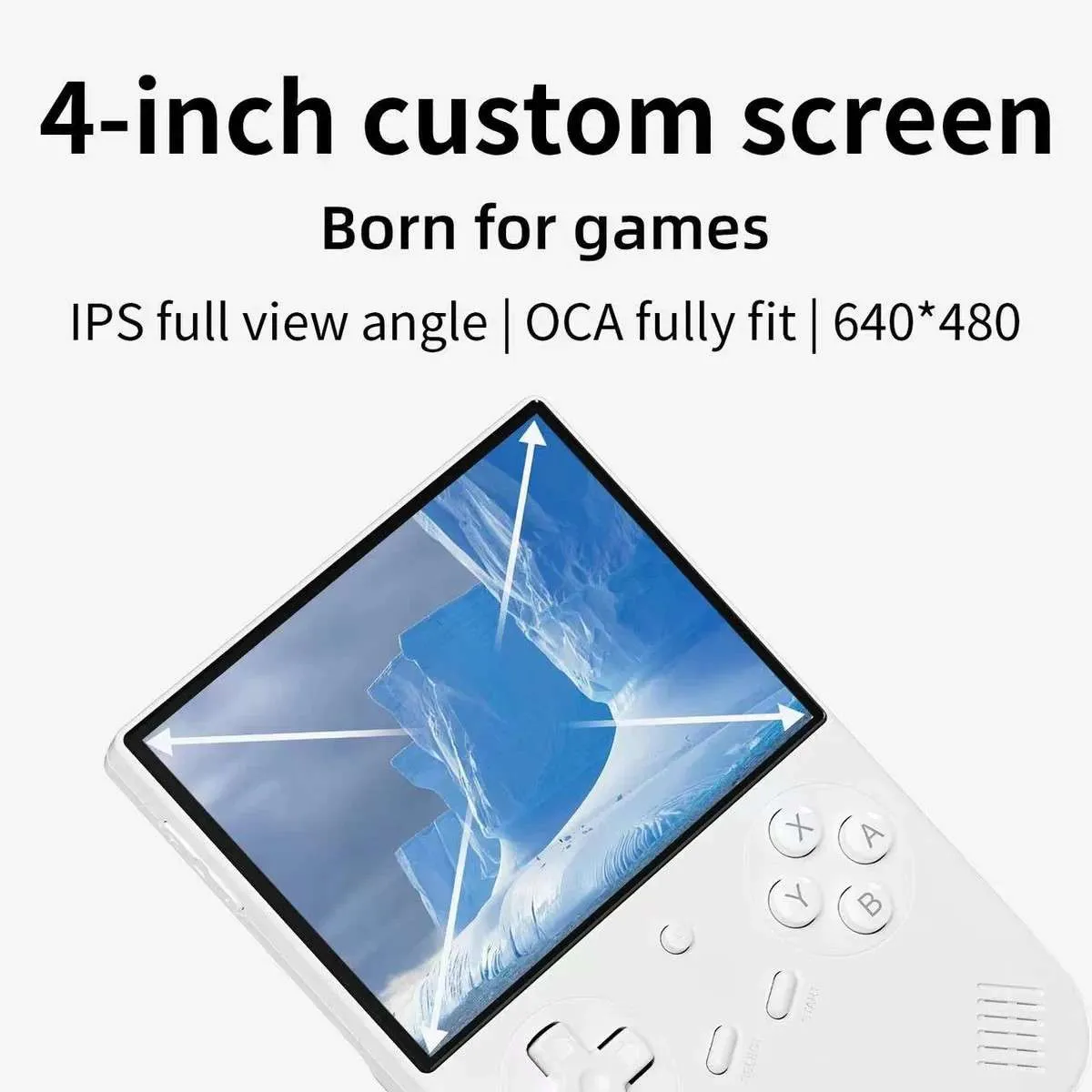 Gaming console with 4-inch IPS screen display.