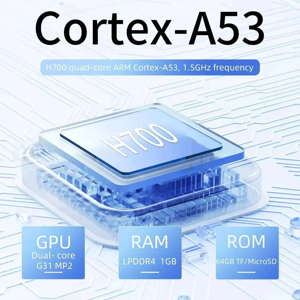 Cortex-A53 processor with GPU, RAM, ROM details.
