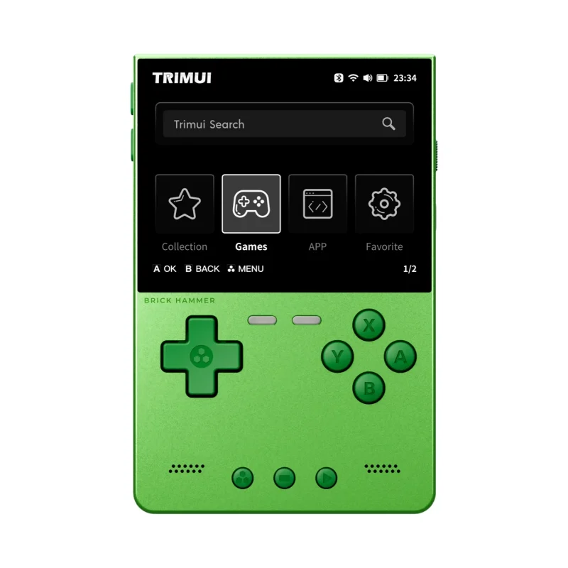 Green handheld gaming device with screen and buttons.