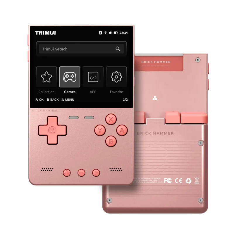 Pink handheld gaming console with screen and controls.