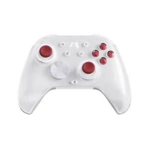 White and red gaming controller with buttons.