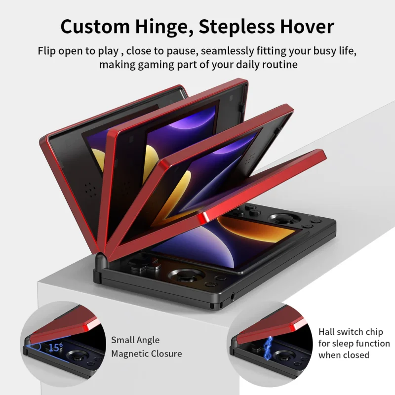 Gaming device with custom hinge and stepless hover.