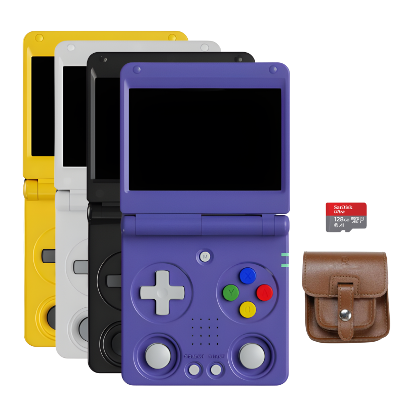 Retro handheld consoles with SD card and case.