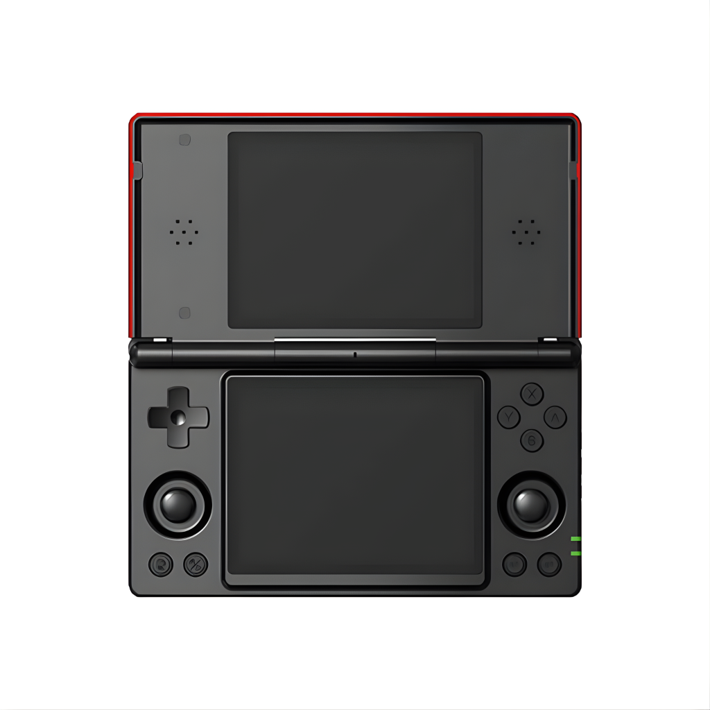 Handheld gaming console with dual screens, open.