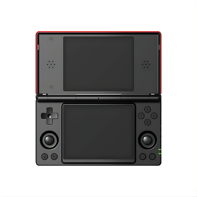 Handheld gaming console with dual screens, open.