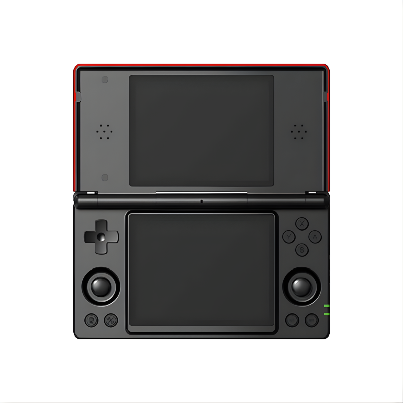 Handheld gaming console with dual screens, open.
