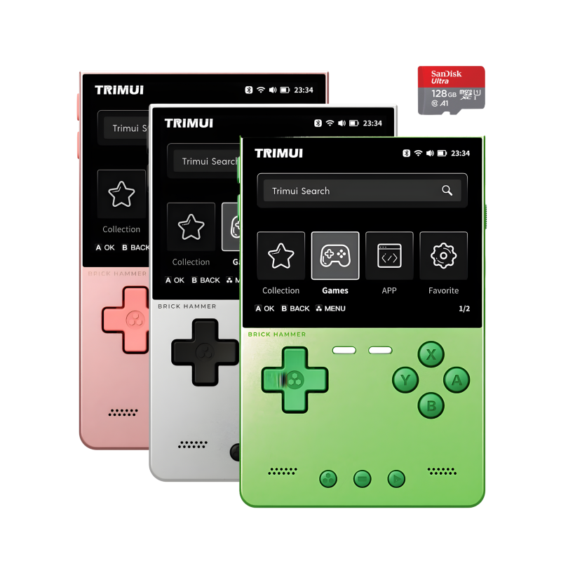 Colorful handheld gaming consoles and memory card.