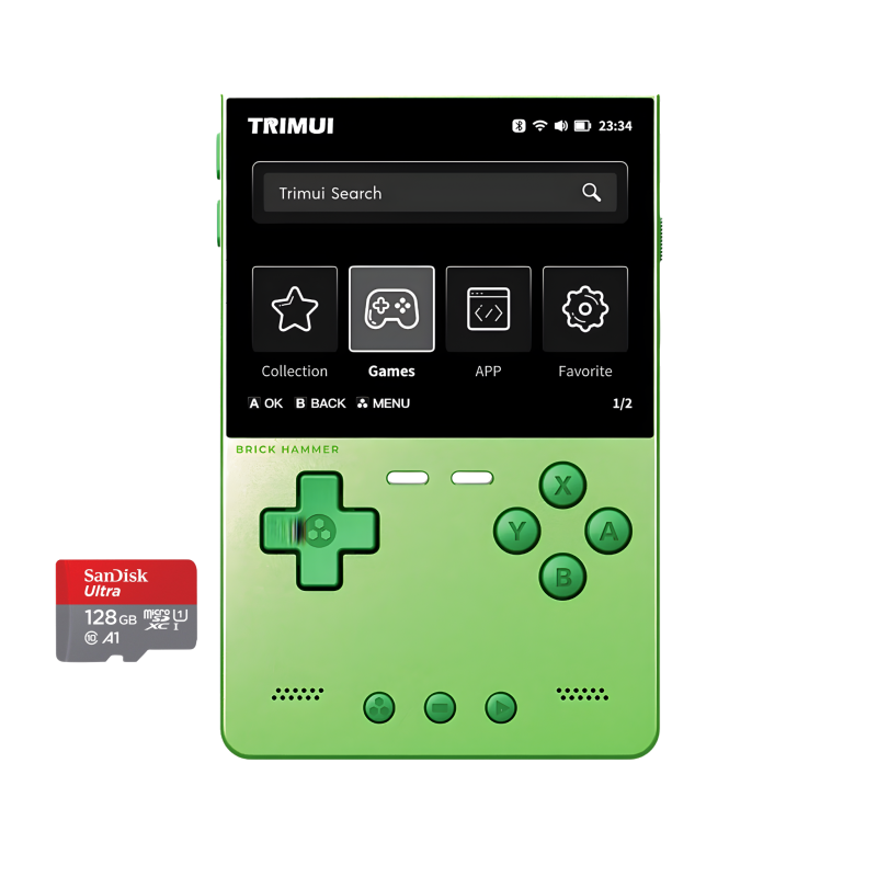 Green handheld gaming console with SD card