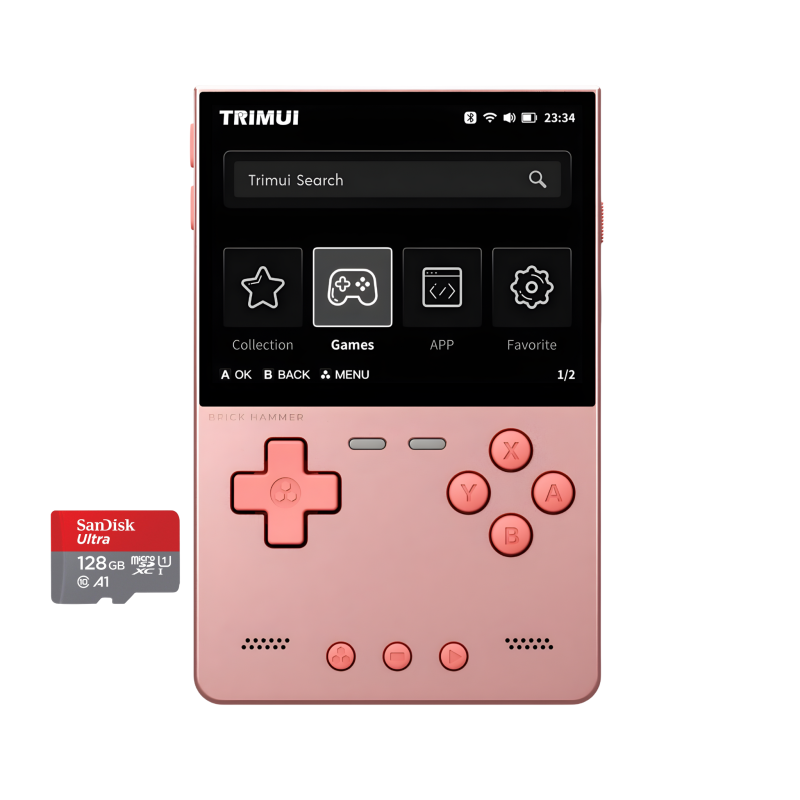 Retro handheld console and SanDisk microSD card.
