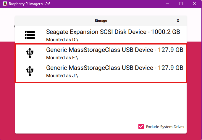 Raspberry Pi Imager showing connected storage devices.