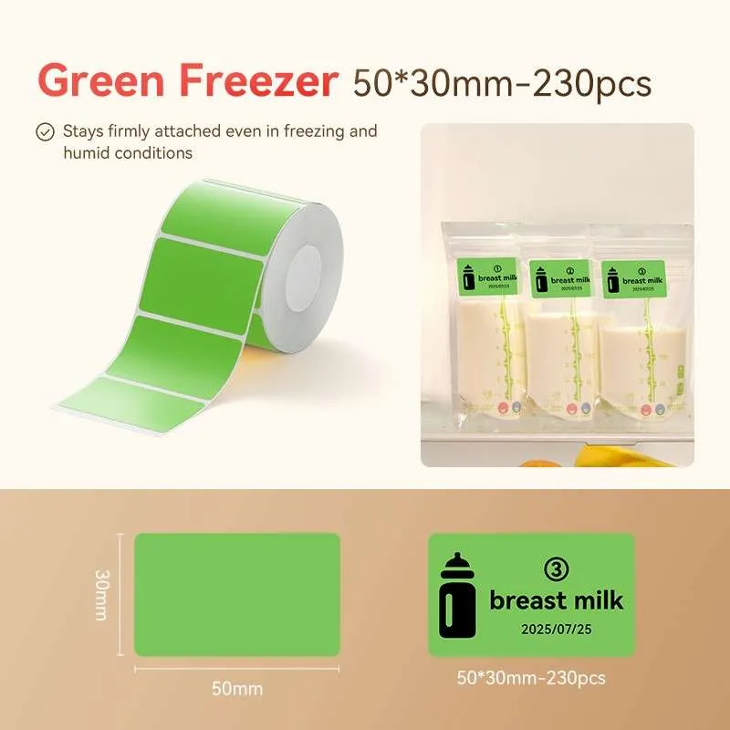 Green freezer labels for breast milk storage.