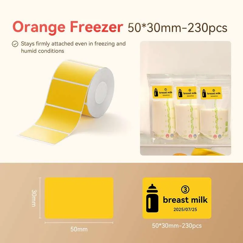 Orange freezer labels, 50x30mm, 230 pieces for breast milk.