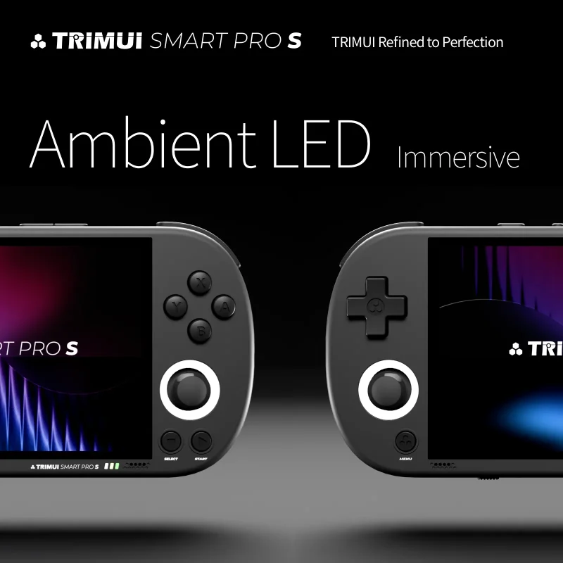 Trimui Smart Pro S handhelds with ambient LED lighting.