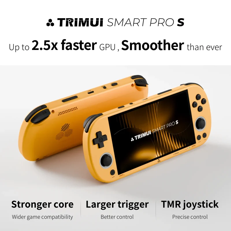 Trimui Smart Pro S handheld gaming console, yellow design.