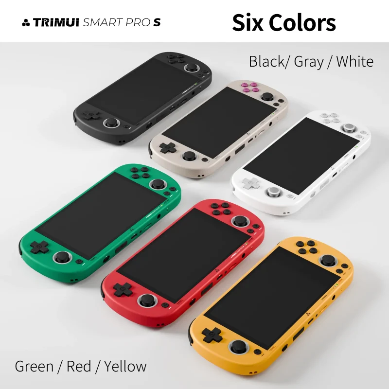 Six colored gaming consoles arrangement.