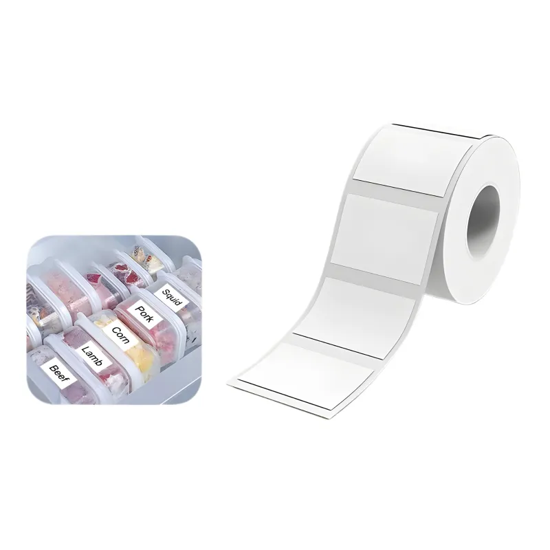 Labelled food containers with roll of blank labels.