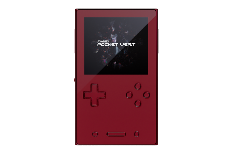 Red handheld gaming console front view