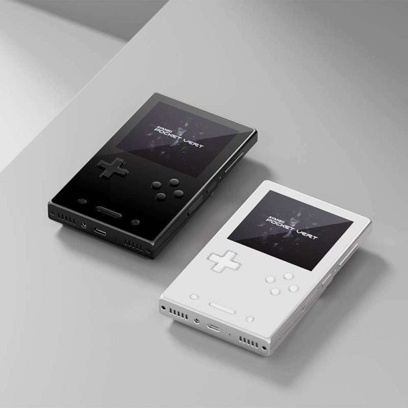 Black and white retro handheld gaming consoles.