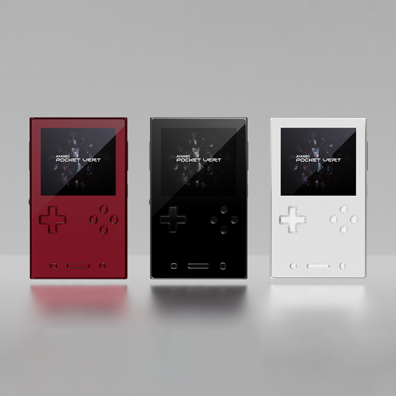 Three handheld gaming devices, red, black, white.