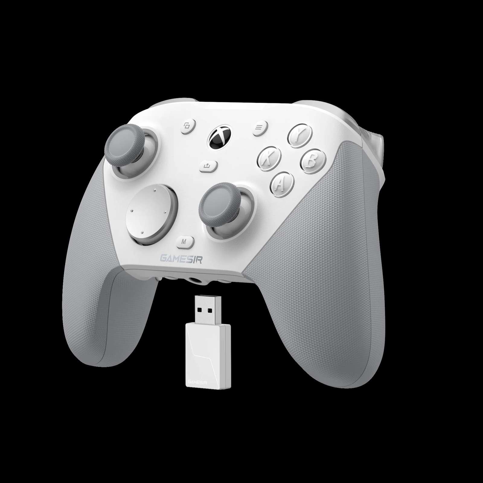 White and gray wireless game controller with USB adapter.