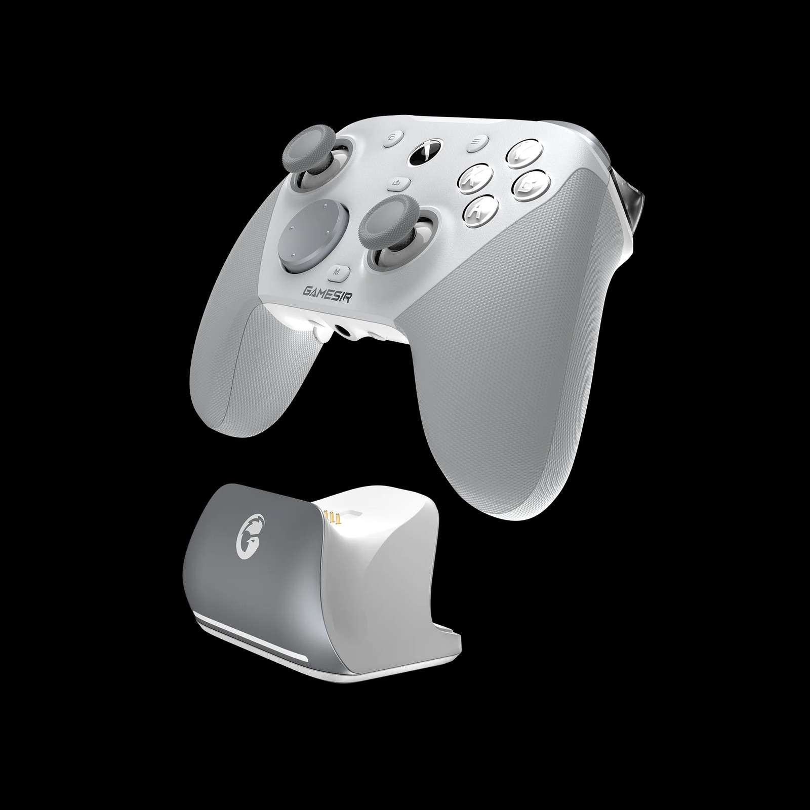 White gaming controller with charging dock
