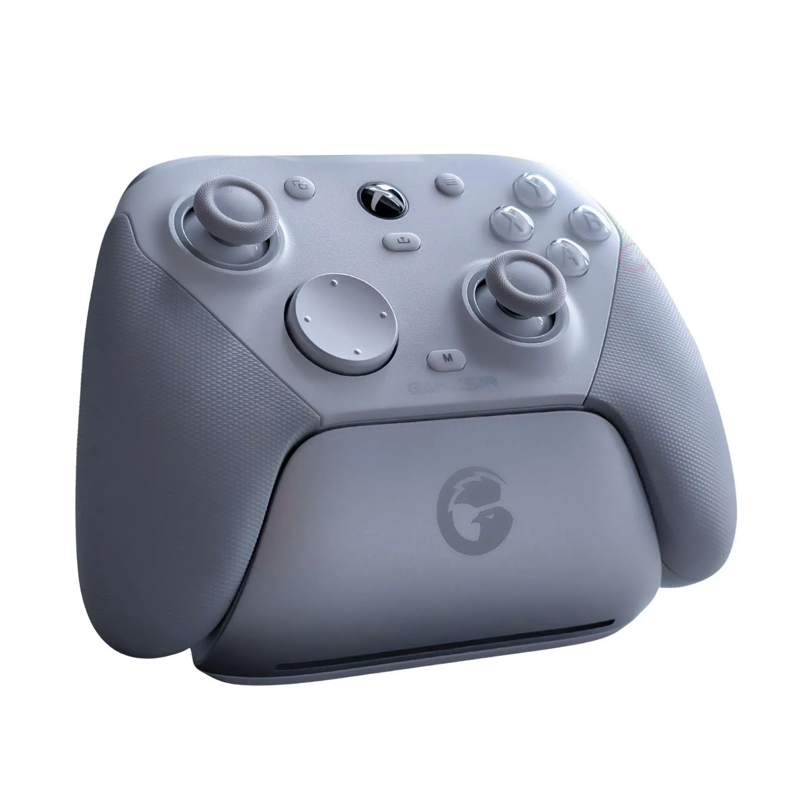 Gray wireless gaming controller on stand