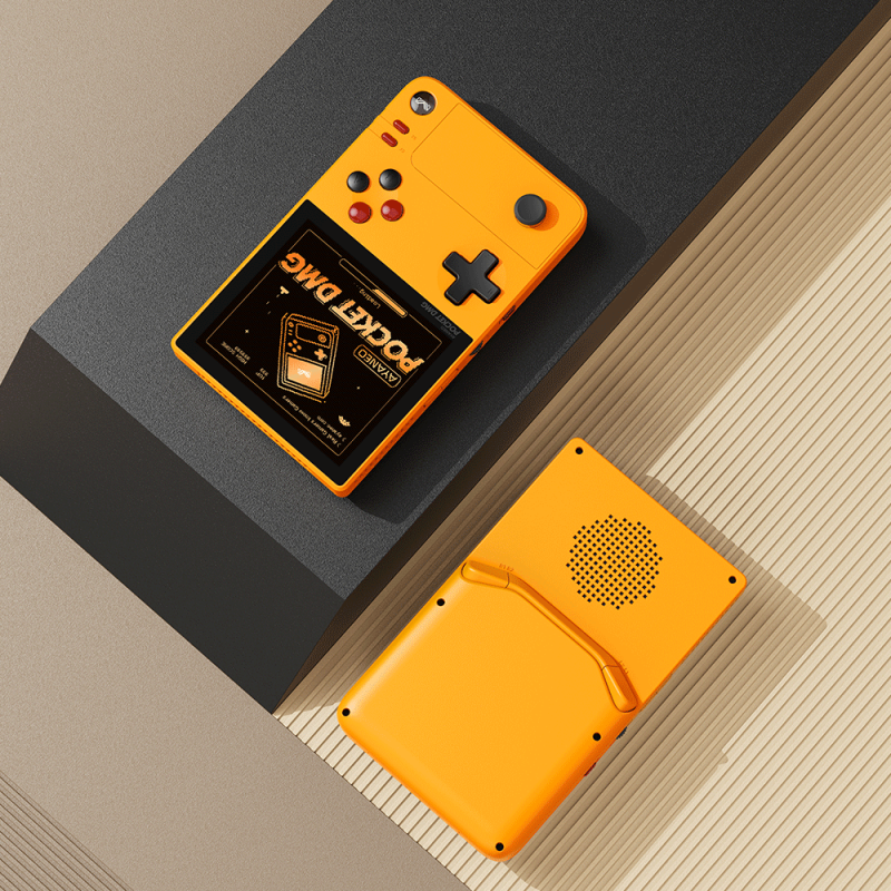 Orange retro gaming console with screen and buttons.
