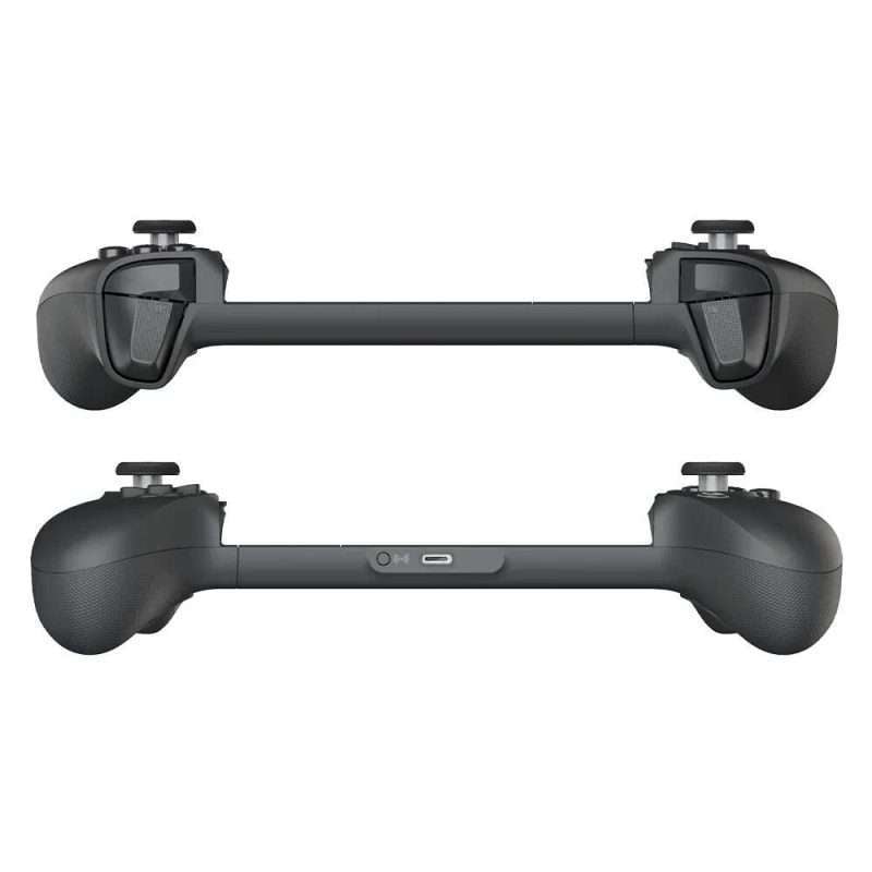 Schwarzer Gaming-Controller, Vorder- und Rückansicht.