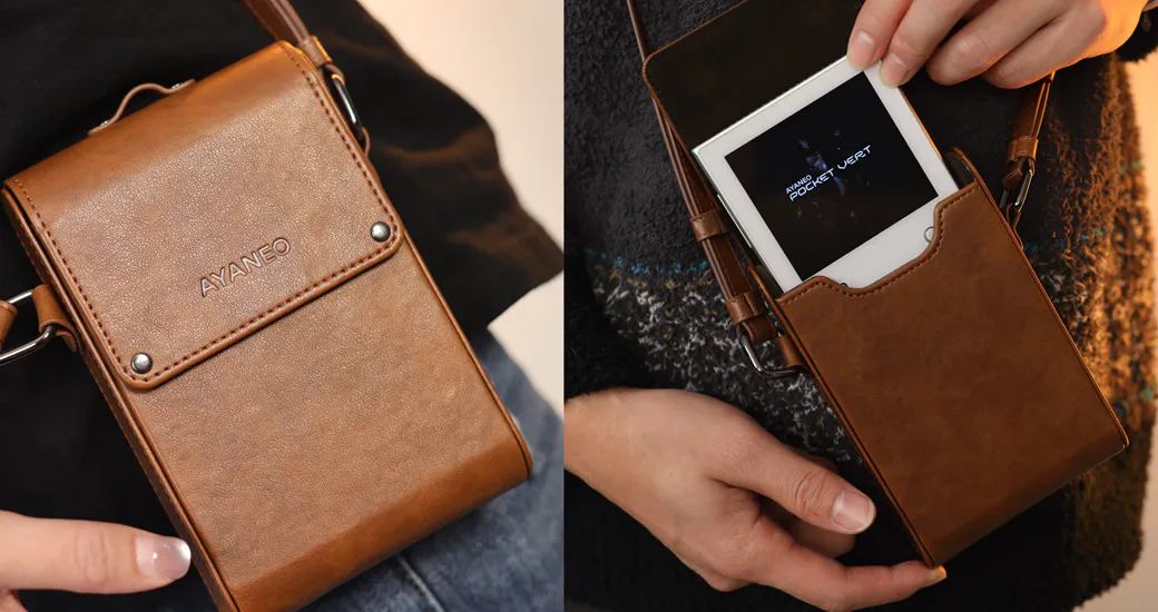 Brown leather case with portable device inside.