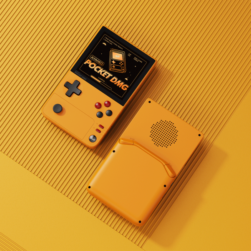Yellow retro handheld gaming console front and back view