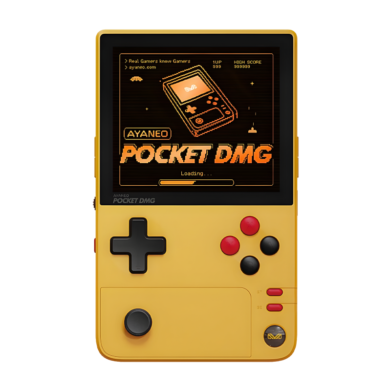 Ayaneo Pocket DMG yellow retro gaming console with buttons and screen