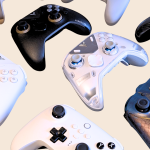 Various gaming controllers on a light background