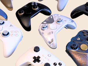 Various gaming controllers on a light background